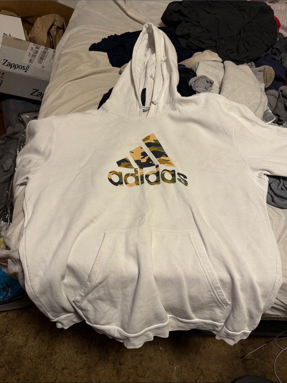 adidas White Hoodie with Green & Tan Camo Logo